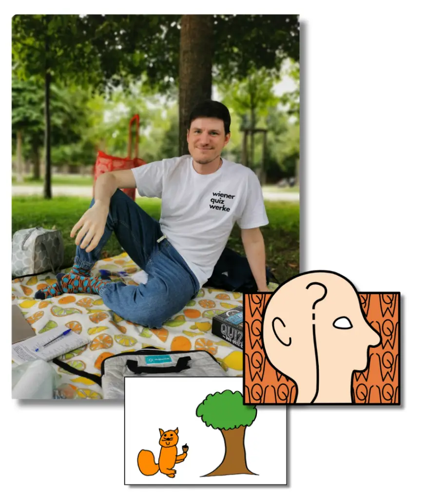 Quizmaster Michael Leitner sitzt auf einer Picknickdecke, daneben ist sein Logo zu sehen